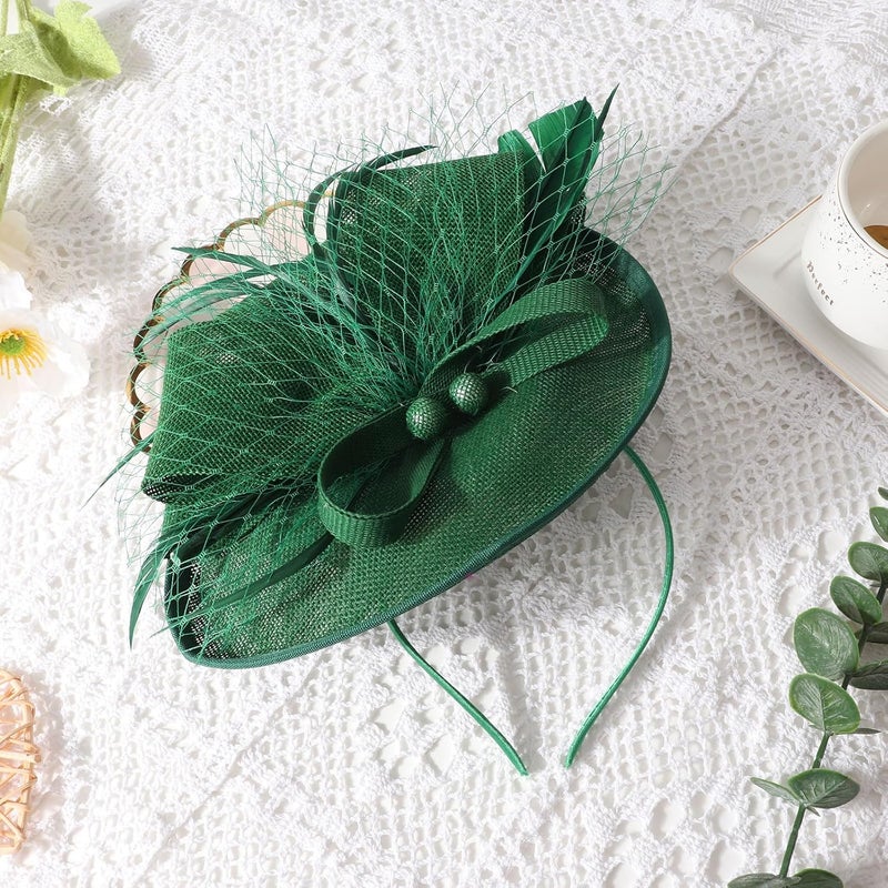 DRESHOW قبعة فاسيناتور مزينة بالريش مع رباط رأس للنساء، قبعات حفلات الشاي مع مشبك وزهرة لرأس الفتيات والنساء - Image 4